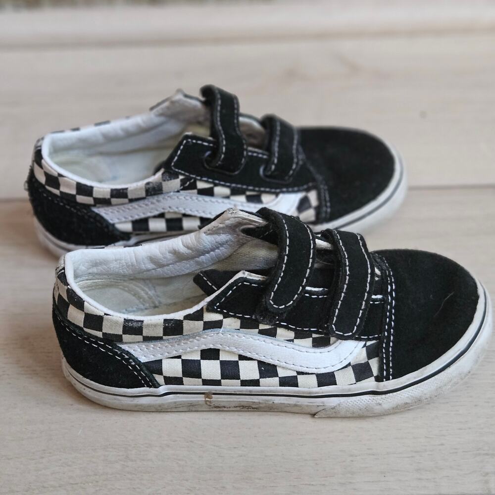 Vans Old Skool V Checkerboard Black White Strap Sneakers Toddler Size 10.0